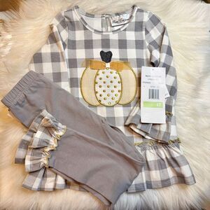 Rare Editions 2-pc Pumpkin Checkered Top & Gray Leggings Set NWT 4T